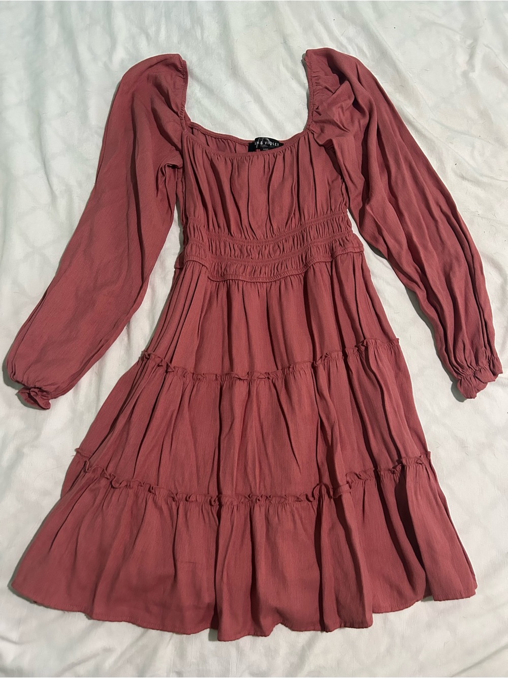 Smocked Tiered Long-Sleeve Dress in Dusty Rose
